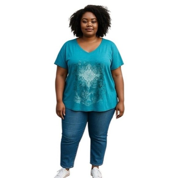 Appropriate Behavior Geometric Print Tunic Top Y2K Relaxed V-Neck Teal Size 2X - Picture 1 of 13